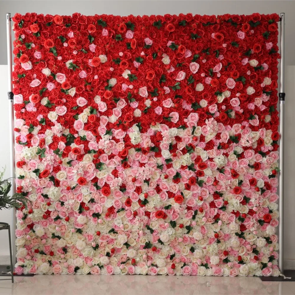 Deluxe Edition rot rosa Farbverlauf Rose weiß Hortensie Wand 3d Roll Up Vorhang Stoff Blumen wand im Freien Hochzeit Hintergrund