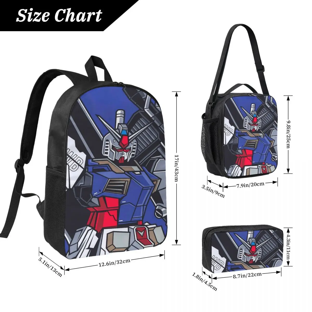 3Pcs Mobile Suit Gundams school bags Set for Boy Girl Pen Bags Backpack Sets with Lunch Box For Primary School Students Daypack