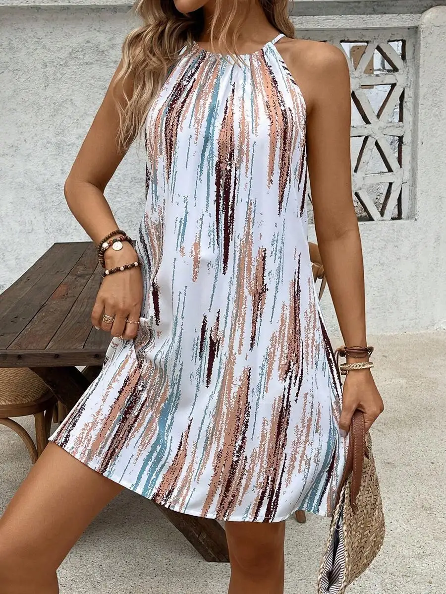 

Womens Halter Neck Printed Summer Beach Dress Casual Vacation Outfit