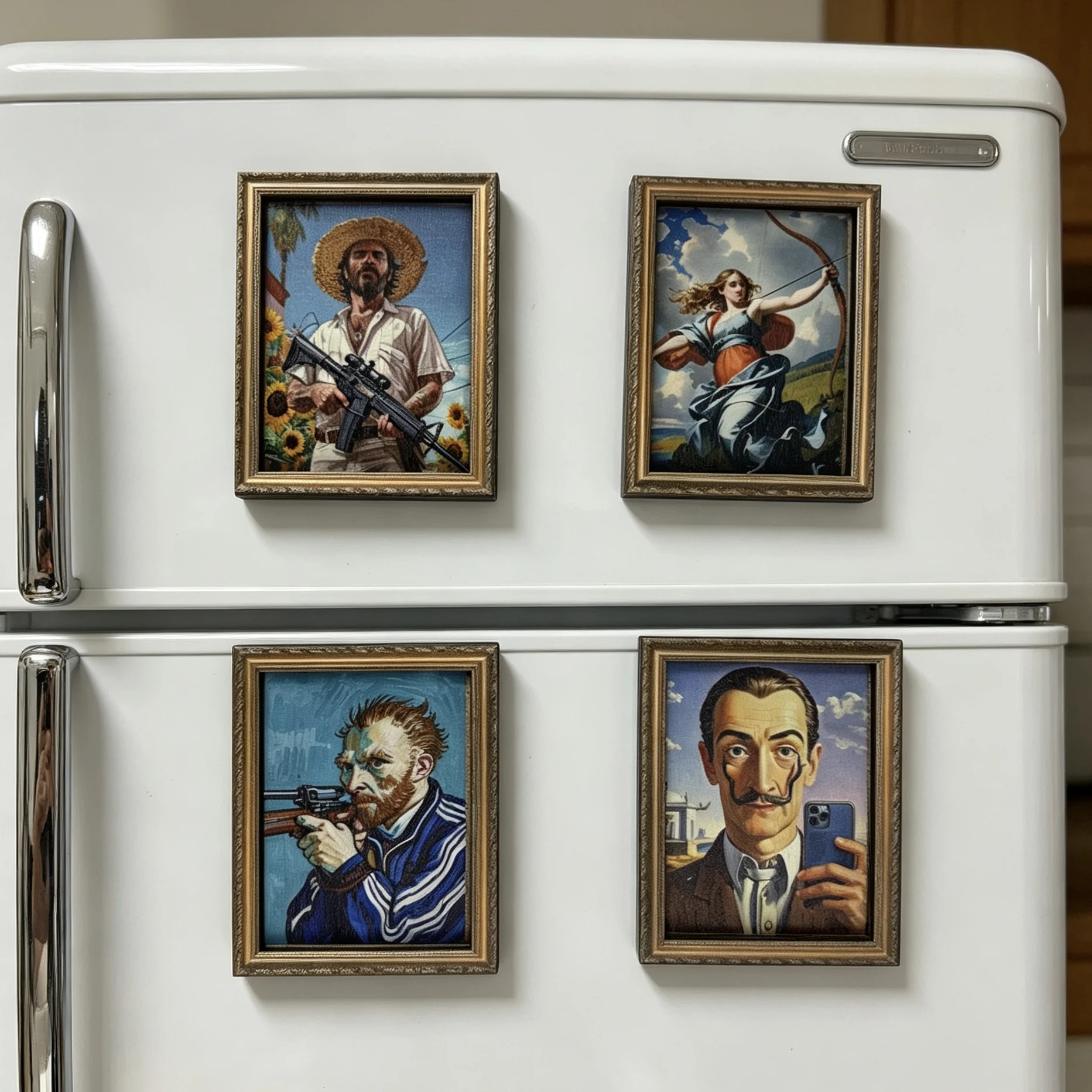 4-Piece Set of Fun Modified Van Gogh Retro Famous Painting Wooden Photo Frame Fridge Magnets, Creative Oil Painting Magnetic Stickers with Gun-Holding Selfie Design, European and American Style Home Kitchen Fridge Decoration Small Ornaments