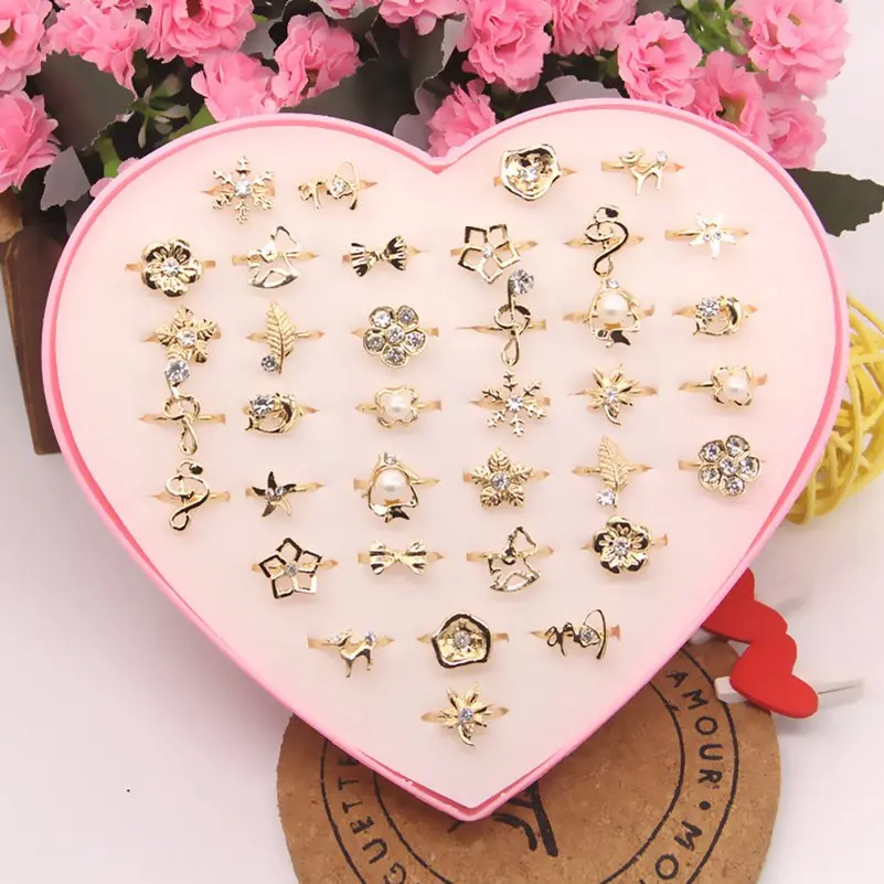 10pcs/Lot Hollow Alloy Finger Rings For Kids Girls Gold Silver Color Rhinestone Pearl Flower Adjustable Rings Child Jewelry Gift