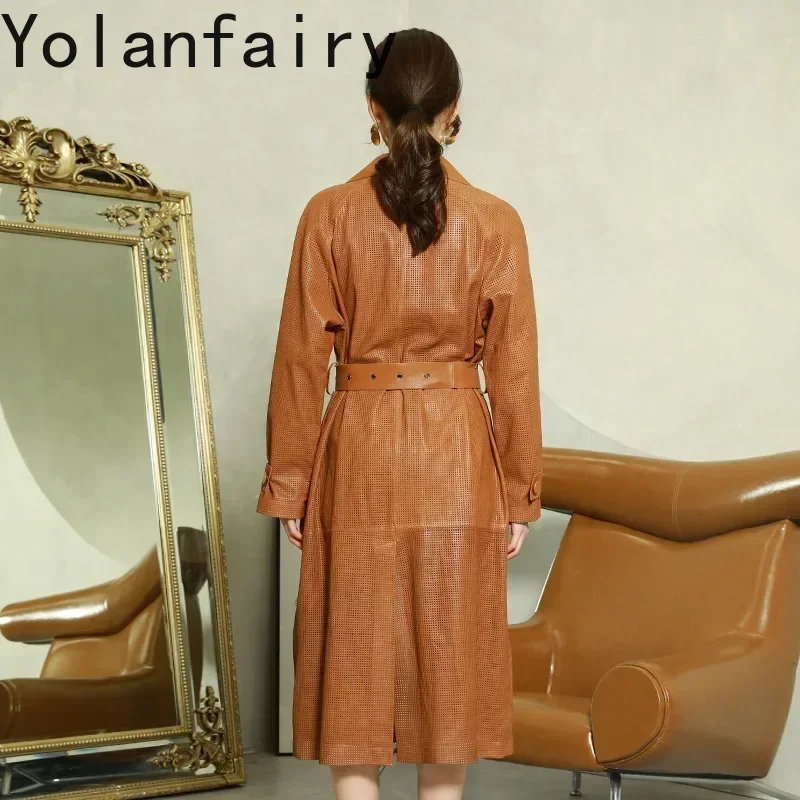 YOLANFAIRY سترة جلدية حقيقية النساء الملابس جلد الغنم خندق معطف موضة السيدات حزام سترة واقية متوسطة الإناث سترة جلدية