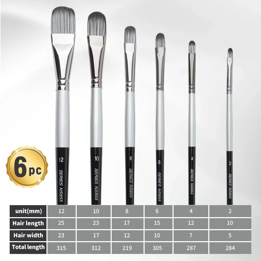 6 pcs Set Paint Brushes Nylon Hair Hazel shaped Artist Acrylic Long Silver Black Rod Painting Brush for Oil Gouache Watercolor