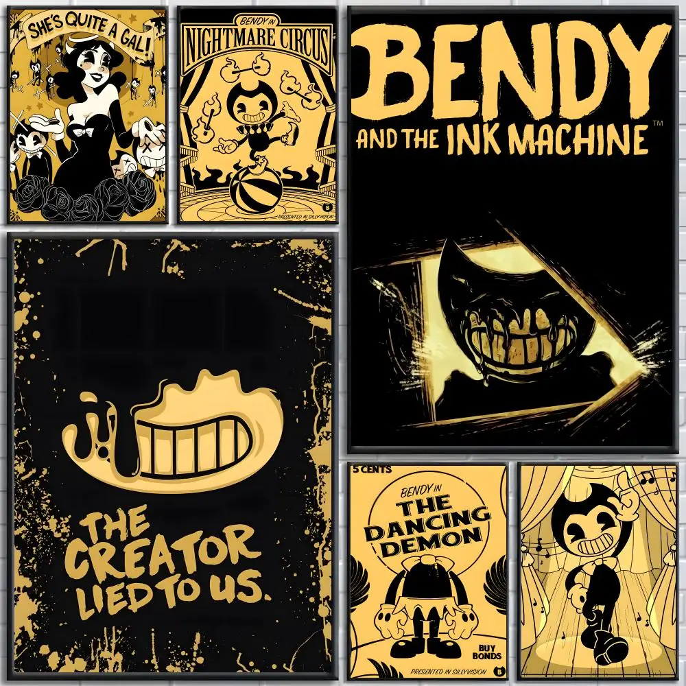 Game Bendy And The Ink Machine Poster für Schlafzimmer und Wohnzimmer, hochauflösende Wandkunst mit Cartoon-Film-Motiven.