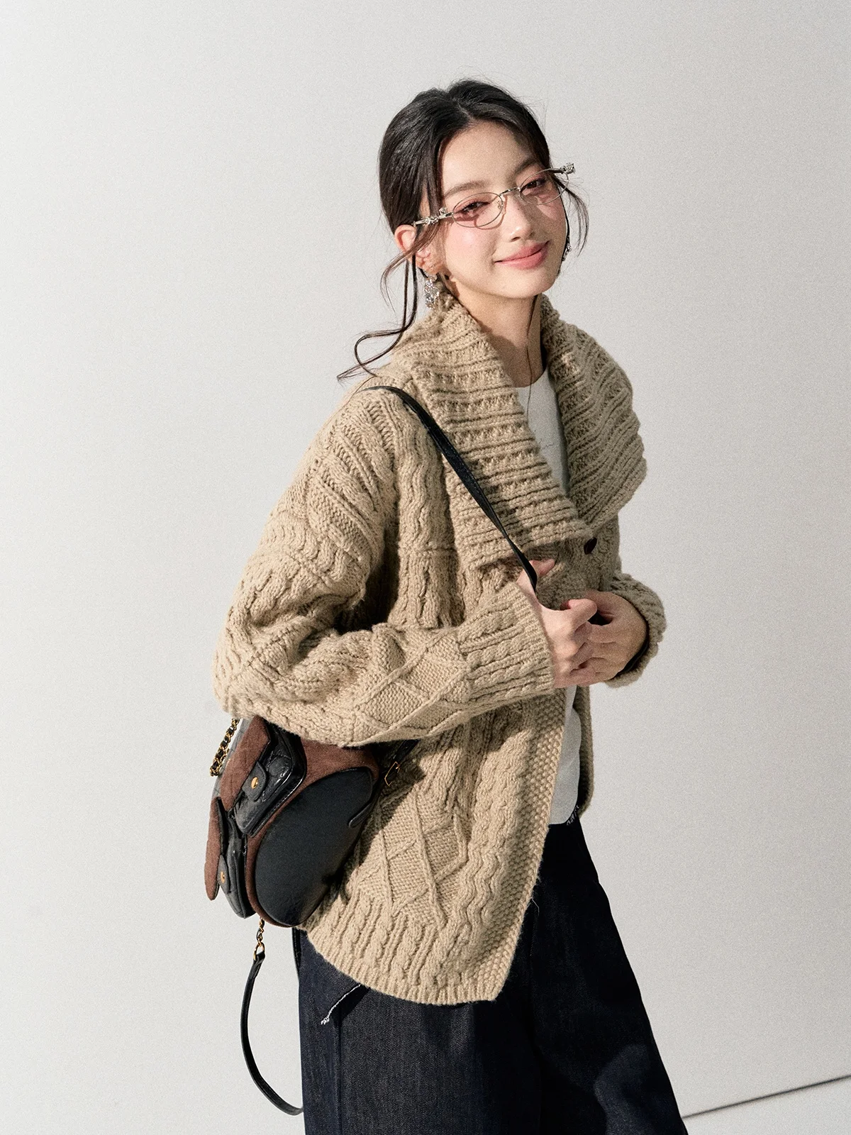 

LREEDOM Осенне-зимний новый винтажный вязаный свитер-пальто в пасторальном стиле для женщин, с большим воротником, узором «косы», длинными рукавами, верхняя одежда