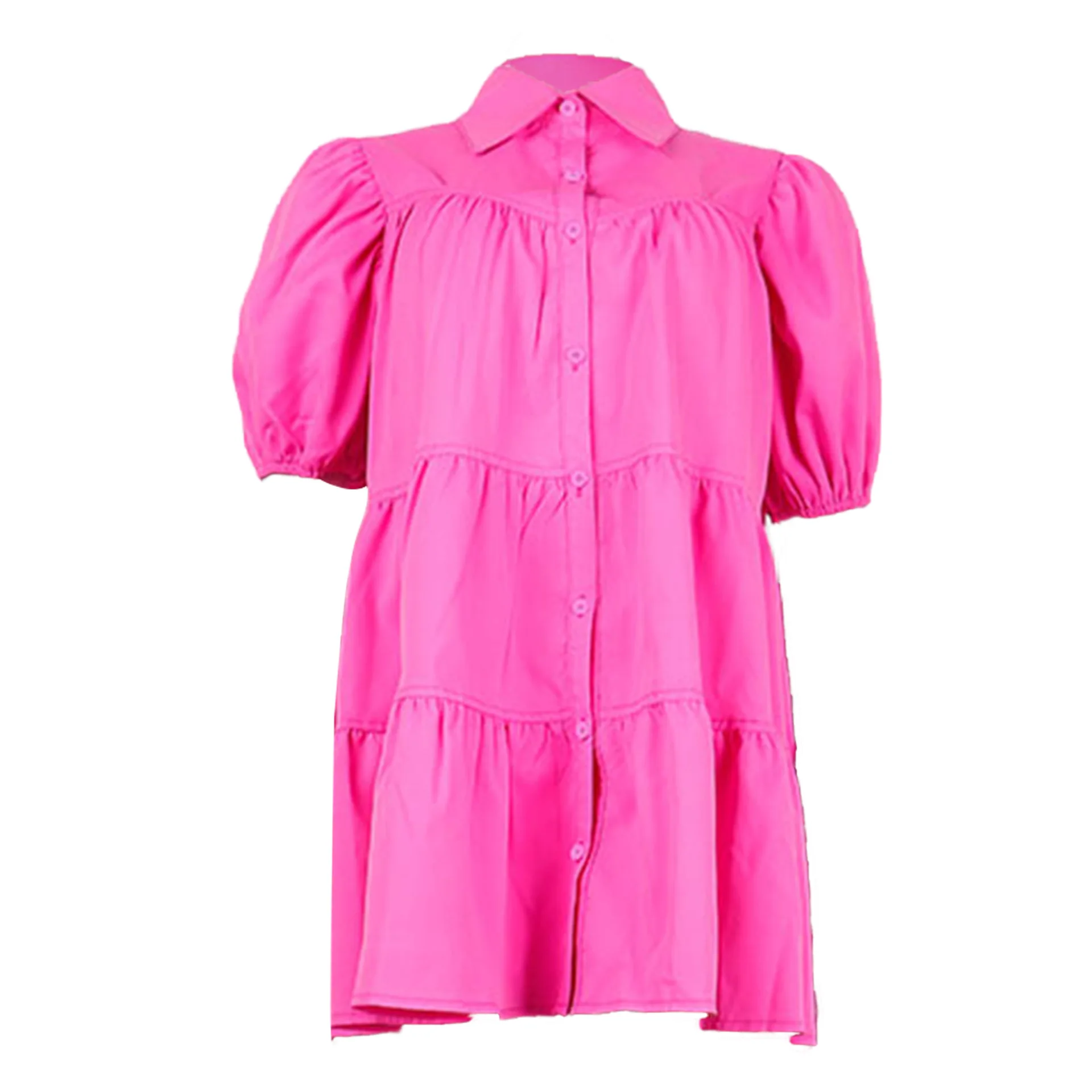 Damska sukienka koszulowa z falbankami, kołnierzykiem, bufiastymi rękawami, zapinana na guziki, mini sukienka letnia, luźna sukienka w kształcie litery A na imprezę.