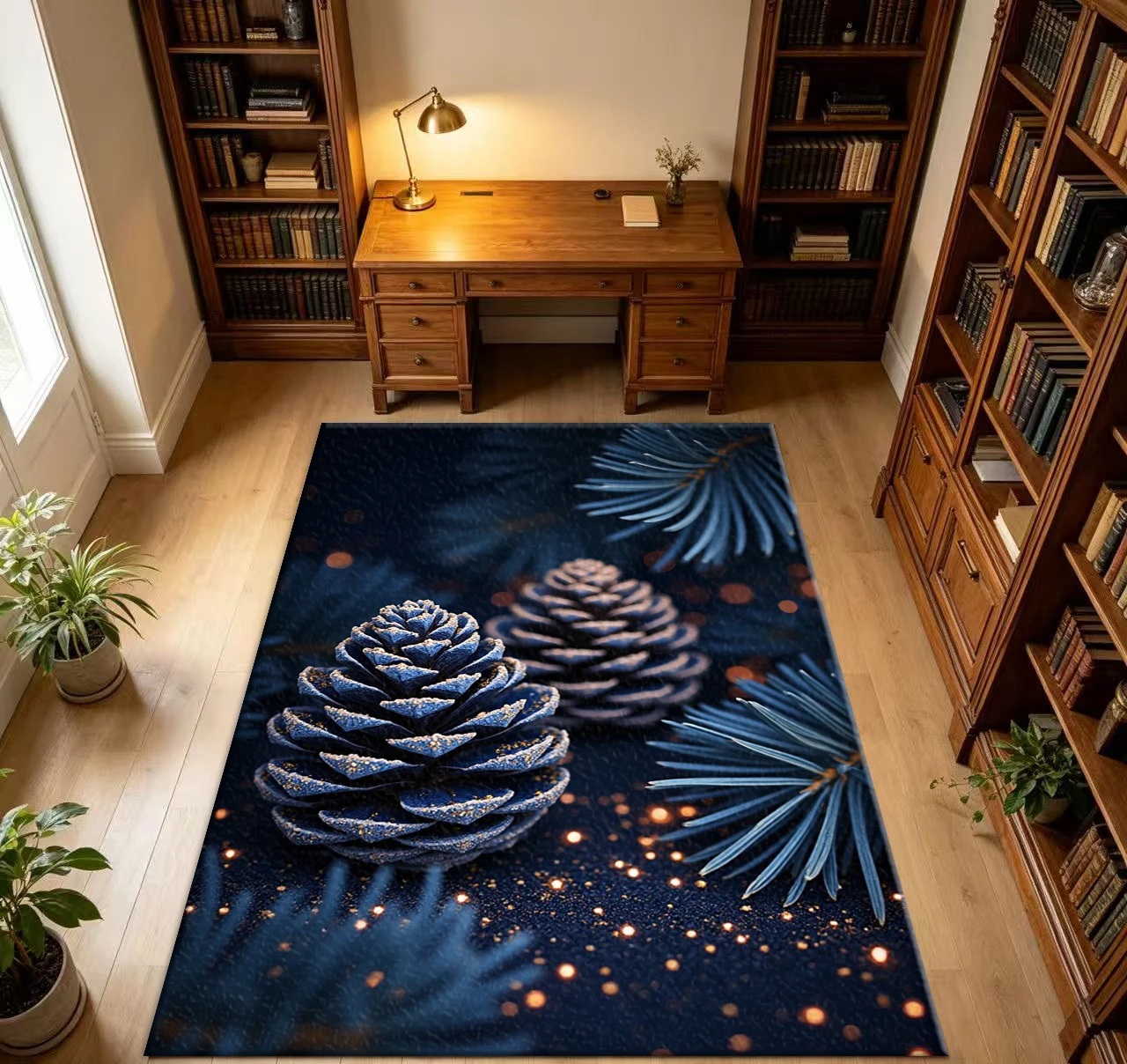 Dark Blue Pinecone-Shaped Winter Holiday Carpet, Warm Night Scene Living Room Decorative Carpet