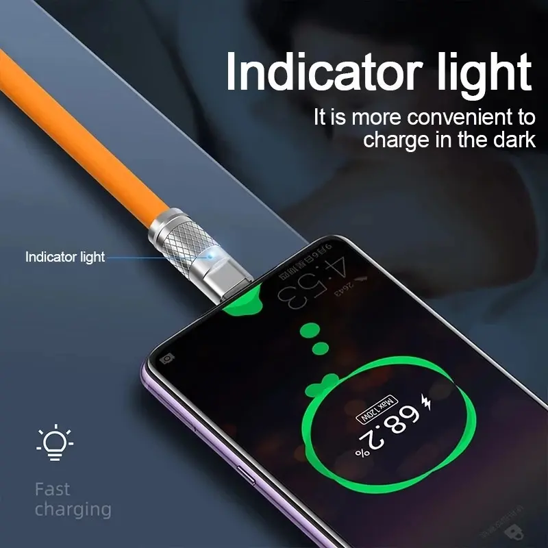 3 قطعة 120 واط شحن سريع للغاية نوع-C كابل السيليكون السائل شحن سريع USB C خطوط لشاومي هواوي سامسونج USB سلك بيانات الهاتف - 4