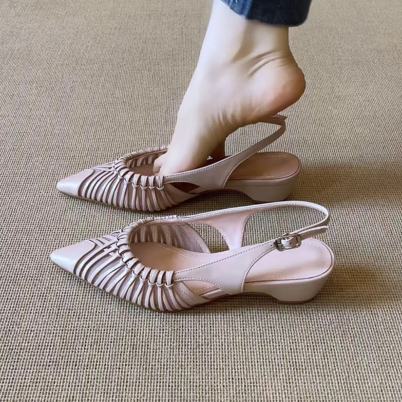 Sexy Pointed Toe Hollow Out Thick Heel Women Sandals 2026 Summer Braid Buckle Strap Versatile Baotou Sandals Elegant Dress Shoes