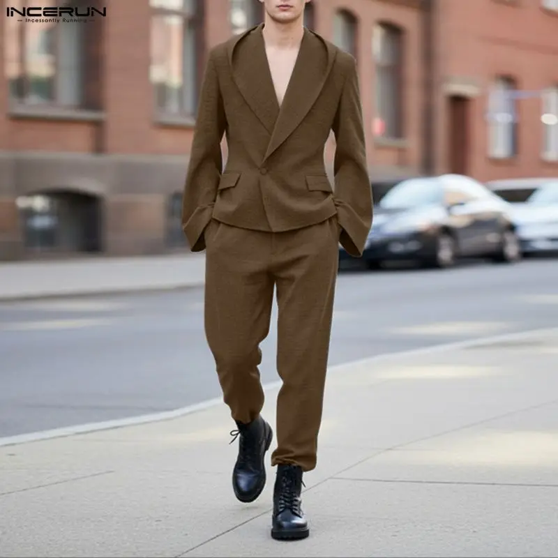 INCERUN Men Sets Solid Color Long Sleeve Hooded Blazer & Pants Two Pieces Sets Elegant Streetwear Fashion Men Casual Suits S-5XL