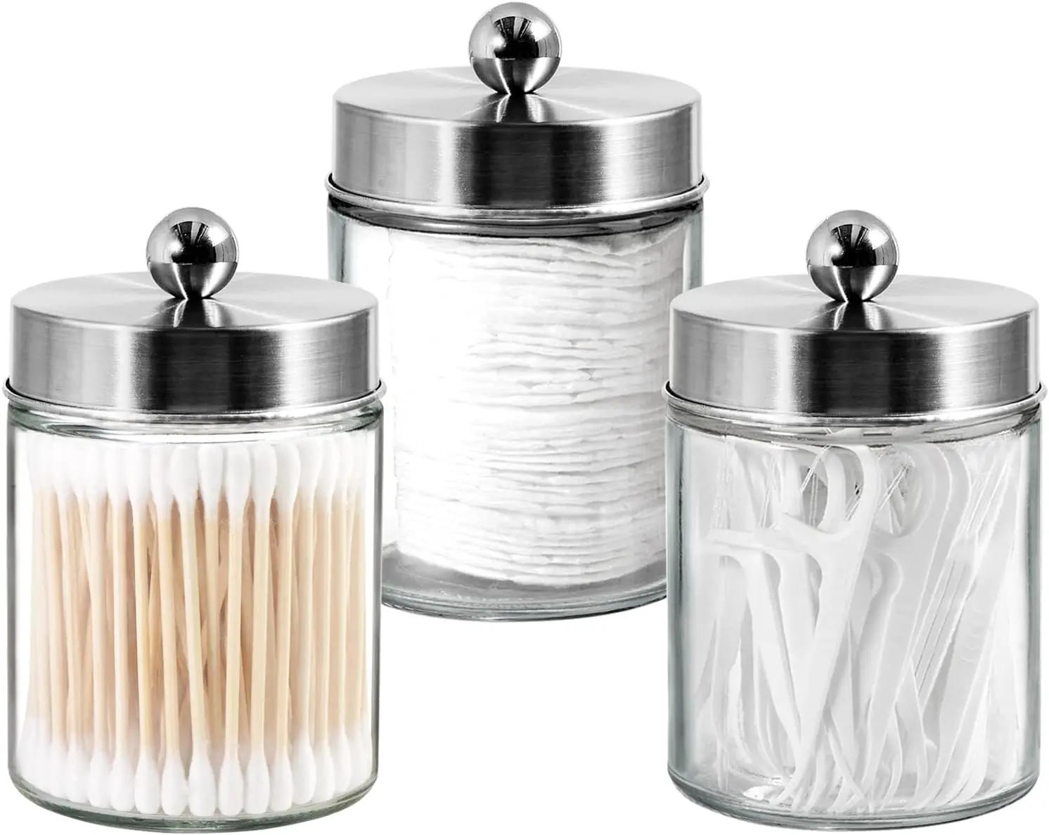 

3PC Apothecary Jar Canisters with Stainless Steel Lids for Qtips, Cotton Swabs, Makeup Sponges - Bathroom Vanity Organizer