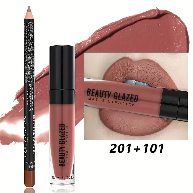 2 pz/set Lip Gloss & Lip Liner Set Kit labbra opaco a lunga durata impermeabile Rossetto liquido nudo naturale con Lip Liner Combo