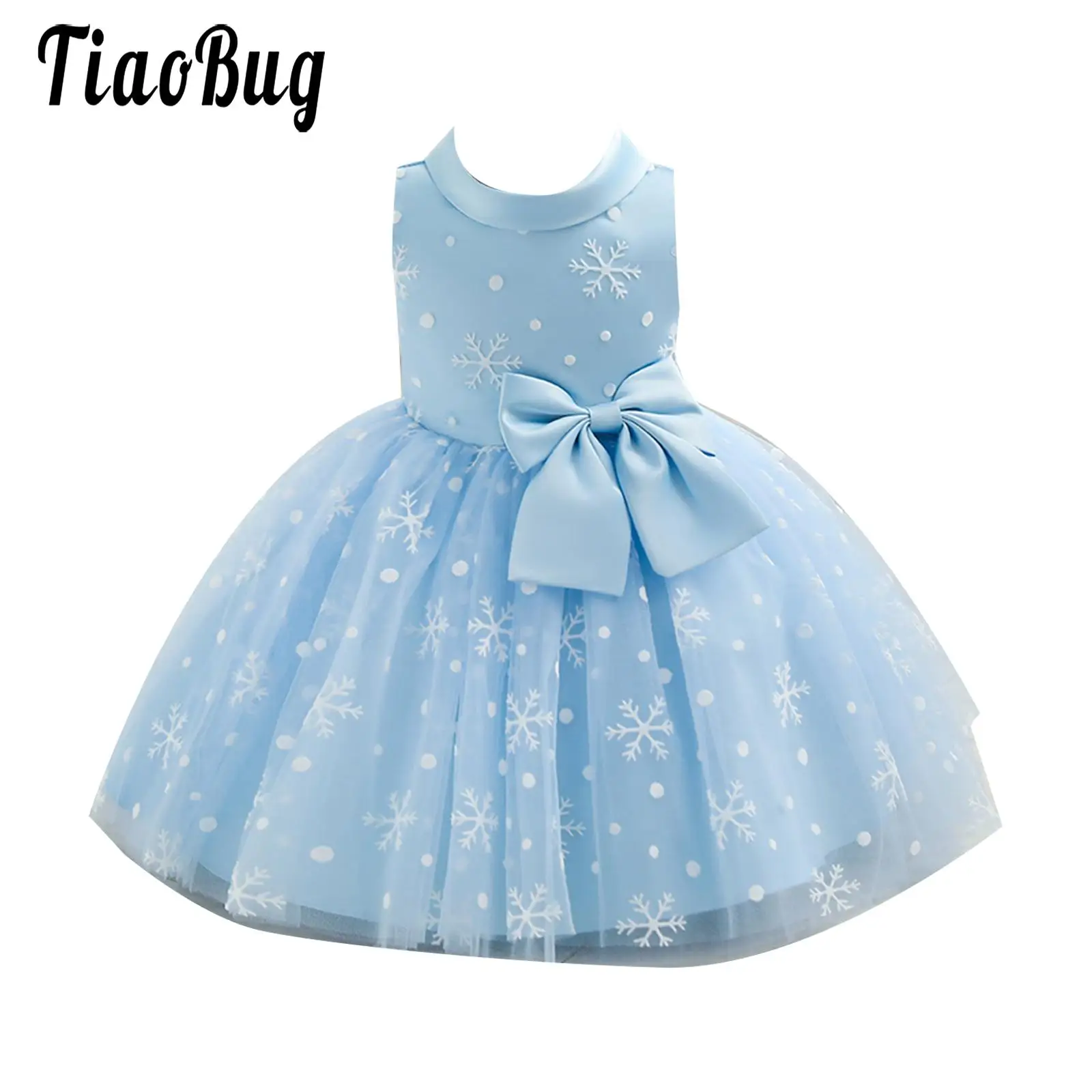 

Baby Girls Princess Dress Sweet Sleeveless Snowflake Bowknot Decor Waist Tutu Mesh Dress Toddle Kid Wedding Party Birthday Dress