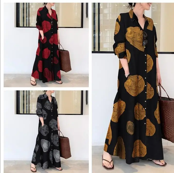 Vestido Camisero Holgado de Manga Larga de Algodón y Lino Estampado con Cuello Camisero, Estilo Casual Elegante, Falda Larga con Cierre de un Solo Botón