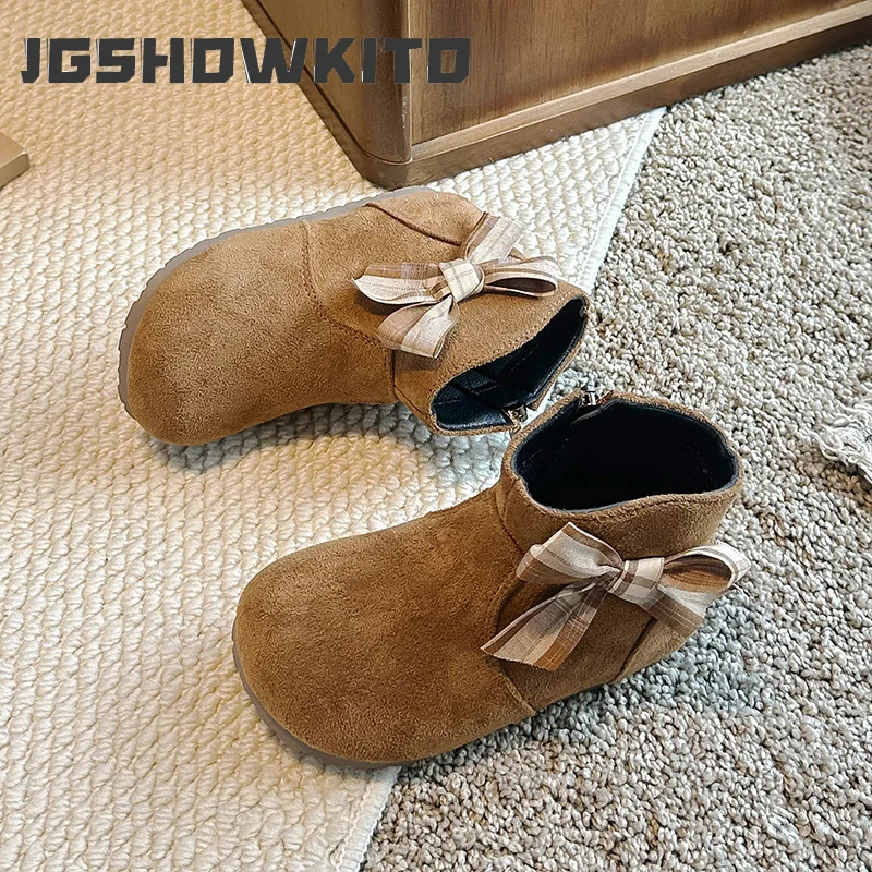 JGSHOWKITO Girls Ankle Boots Sweet Princess Plaid Bow Children's Short Boots Fashion Soft Non-slip Kids Causal Boots Side Zipper