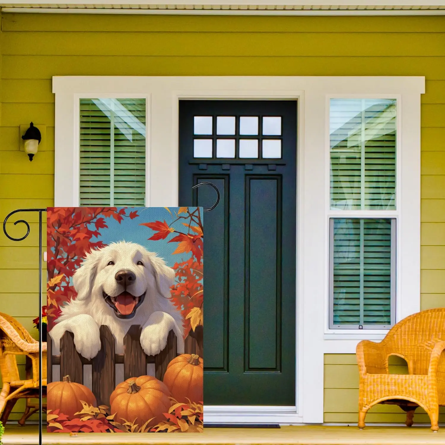 Great Pyrenees Fall Garden Flag 12x18 Double Sided, Burlap Small Pumpkin Fence Autumn Leaves Garden Yard House Flags Outside KZA