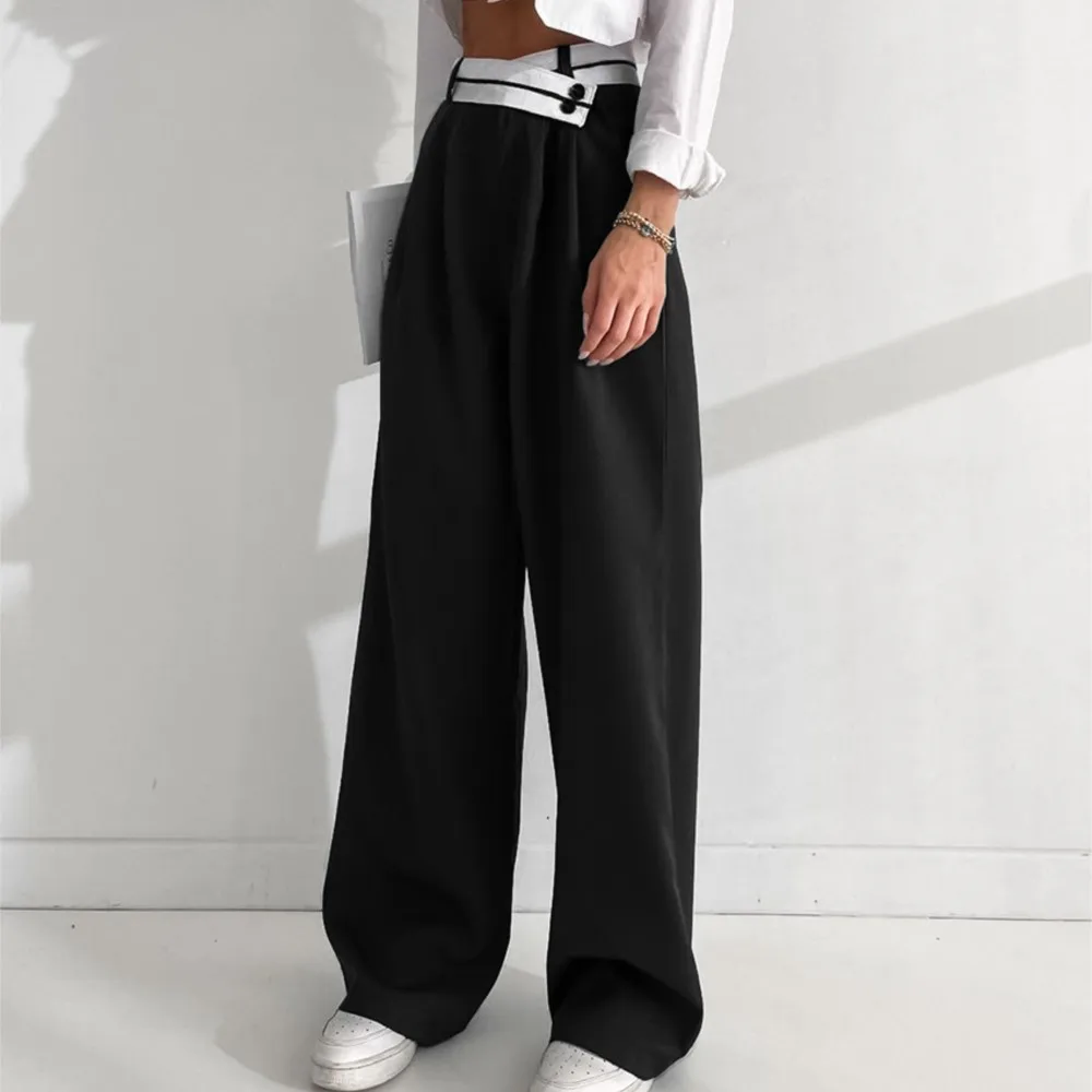 Women' S Clothes Casual Loose Pants For Woman Contrast Wide Leg Long Pants All-match Patchwork Simple Style Retro Temperament
