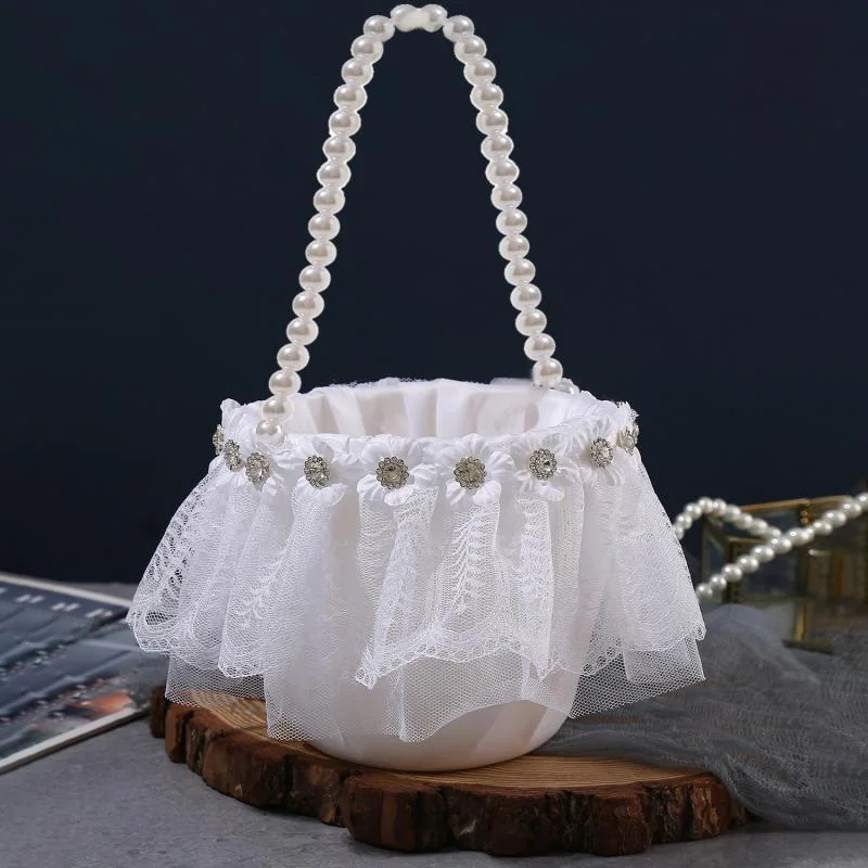 

Western-Style Wedding Pearl Handle Flower Basket Flower Child Scatter Flower Romantic Flower Basket Wedding Decoration Supplies