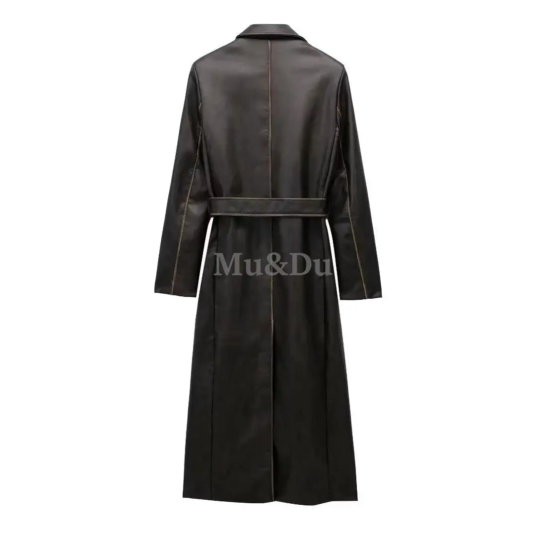 Mu&Du 2024 Spring Women Vintage Distress Faux Leather Trench Coat Lapel Belt PU Long Jacket Female Street Windbreak Overcoat New