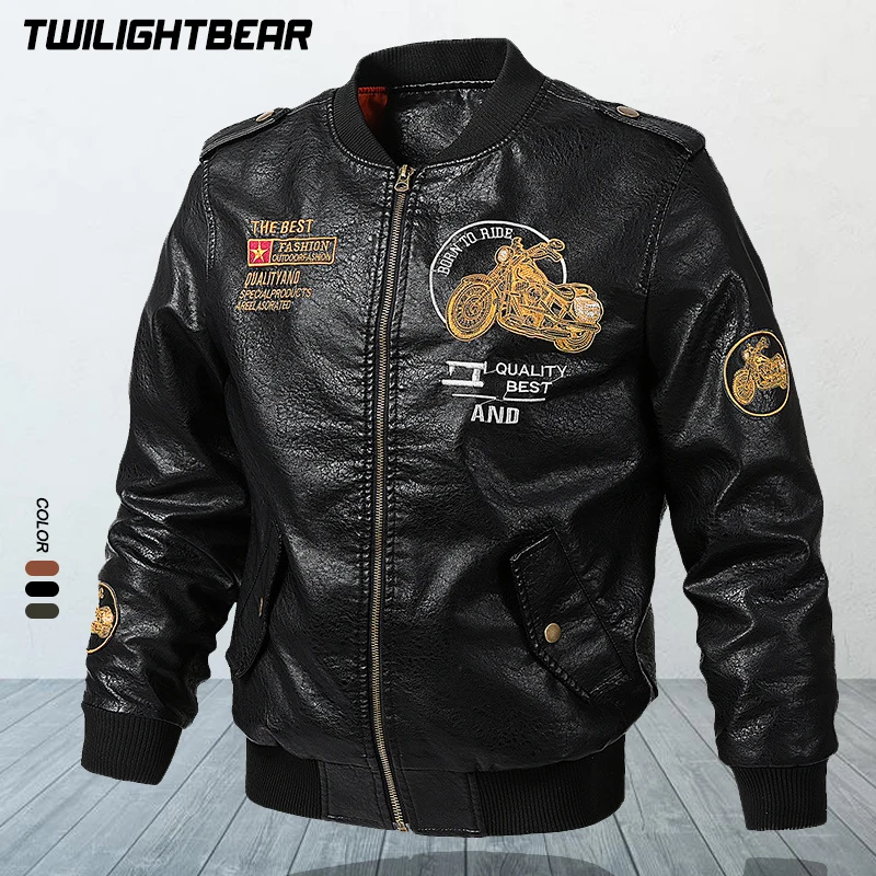 High Quality Men\'s Leather Jacket Coat 5XL Embroidery Streetwear Casual PU Leather Bike Jackets Men Clothing Moto Jacket A2F8111