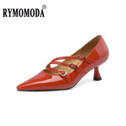 Women Pumps Mid Heels Patent Leather Upper Pigskin Lining Cowhide Insole Handmade OL and Wedding Red Shoes Big Size 42 43