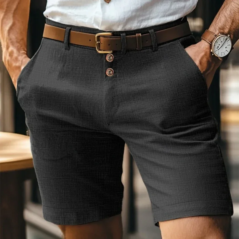 LIBIELIY Summer Casual Shorts Men Vintage Buttoned Linen Breathable Knee Length Trousers Slim Fit Straight Male Fashion Solid Sh