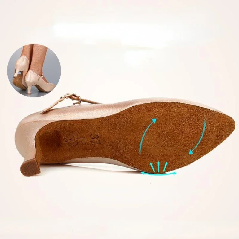 XIHAHA Standard Women Dance Shoes Tan Satin High Low Heel Ladies Ballroom Dancing Soft Outsole Modern Ballet Shoes High Heel - Image 5