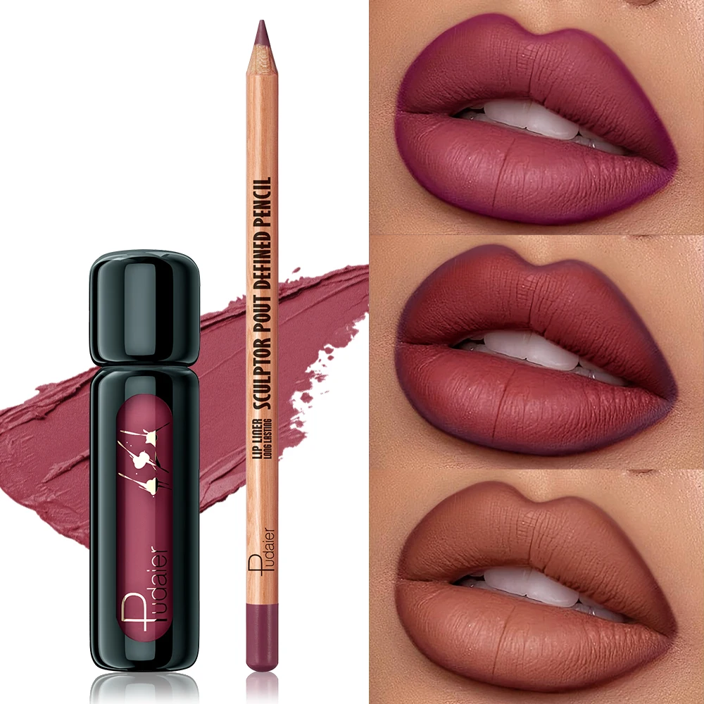 2PCS Matte Lip Liner and Lip Gloss Combo -Smooth Matte Lip Liners for Defined Contours & Moisturizing Silky Lip Mud for Clolor