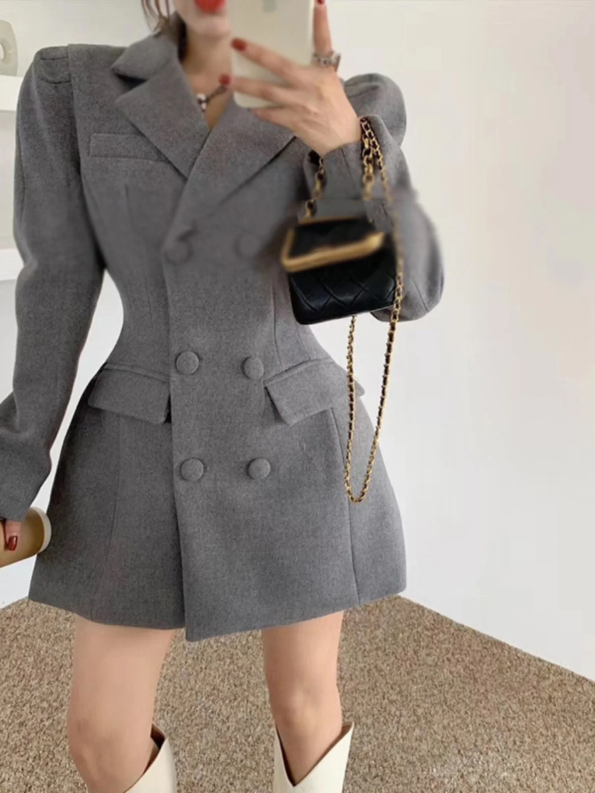 

Retro Autumn Winter Woolen Coat Women's Waist-Cinching Slimming Double-Breasted Design Sensation Street Sle Suit Jaet