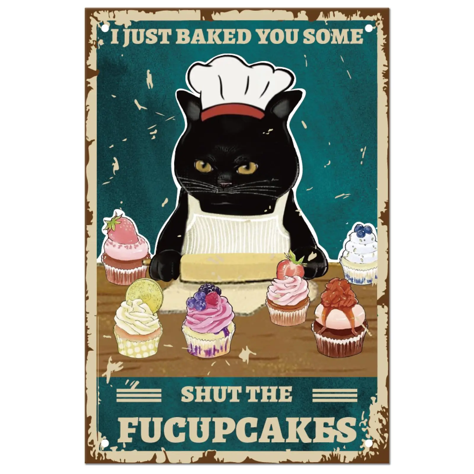 ブラックキャットカップケーキのブリキの看板、ヴィンテージメタルのブリキの跡、私は多機能ケーキを閉じただけで焼きます、金属の歯、面白い壁