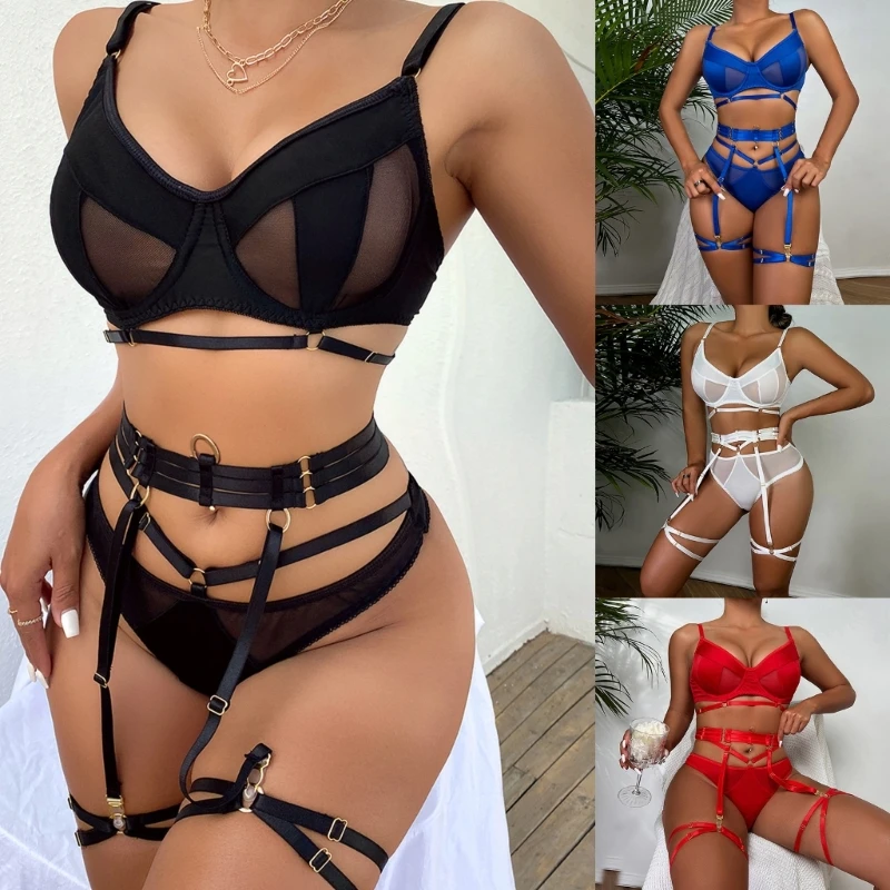 

Women Lingerie Set with Garter Belts Sexy Bra and Panty Set Mesh Strappy Bodysuits 4 Pieces