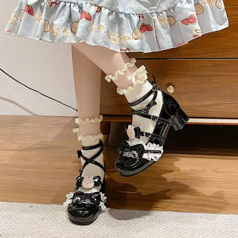 

Chunky Platform Girls Lolita Shoes Mid Heel Round Toe Bows Students Princess Sexy Nightclub Cosplay Party Korean British Style