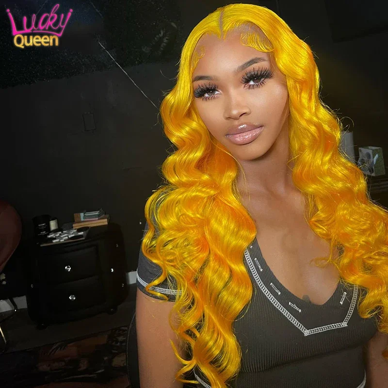 Wig cerah Lemon kuning 30 inci gelombang tubuh renda transparan Wig depan pra pencabutan rambut Remy 13X4 13X6 Wig Frontal untuk wanita