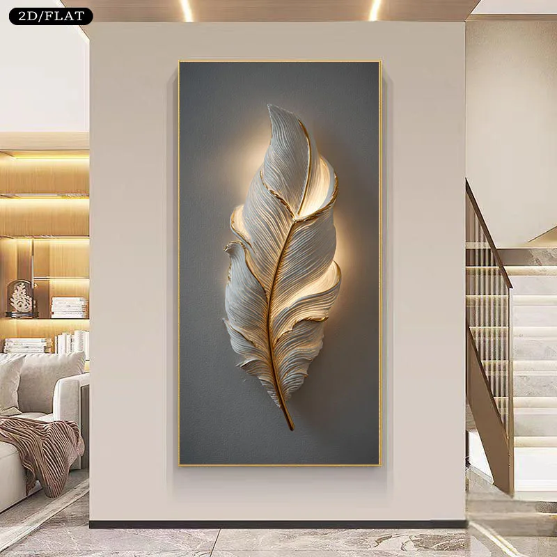 Modern Minimalist Illuminated Feather Wall Art - Canvas Feather  Suitable for Living Room, Bedroom, Christmas Decor - Neutral F