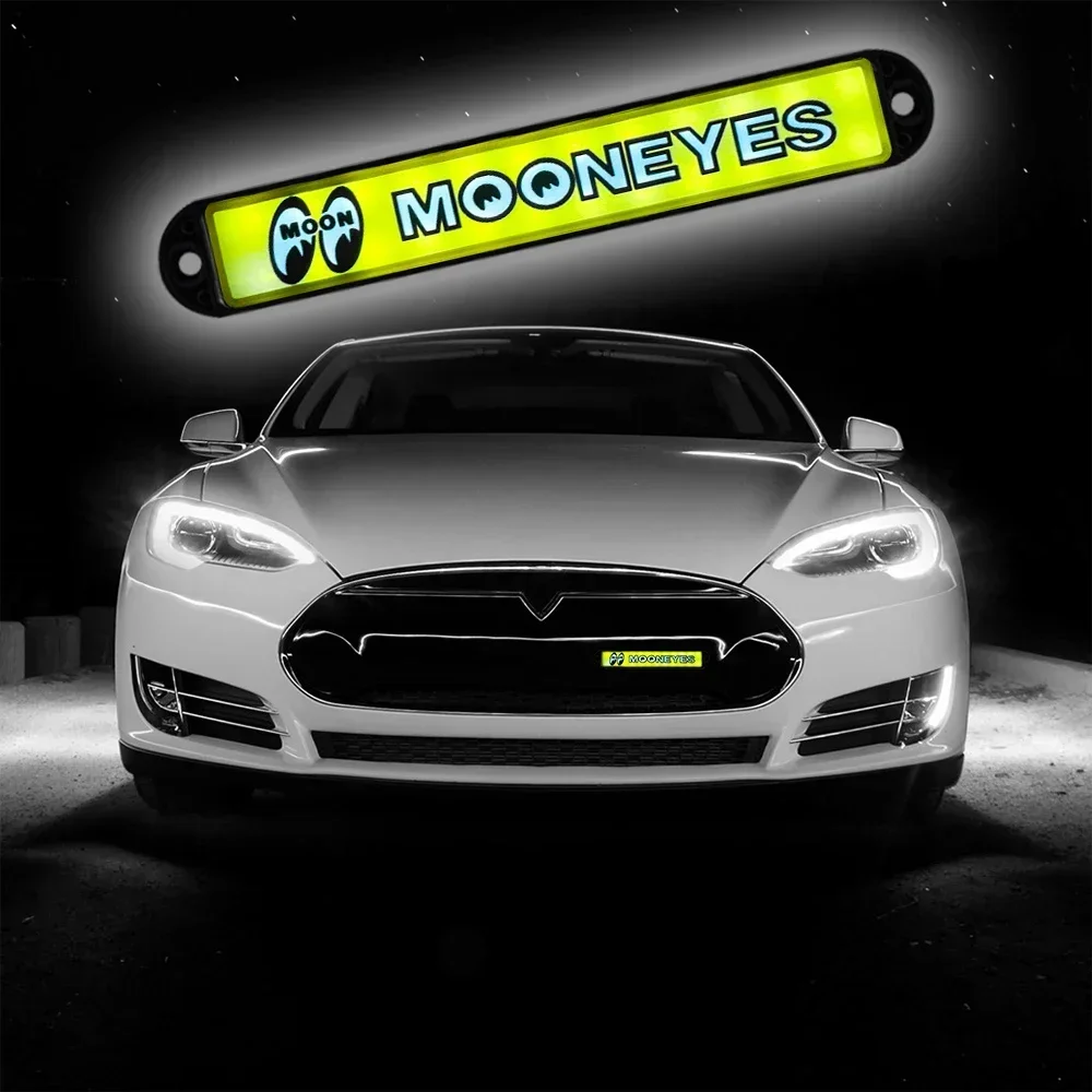 New JDM Brand New Yellow Mooneyes LED Light Vehicle Front Grille Badge Luminous Sticker Luminous Plate For Universal Car Styling