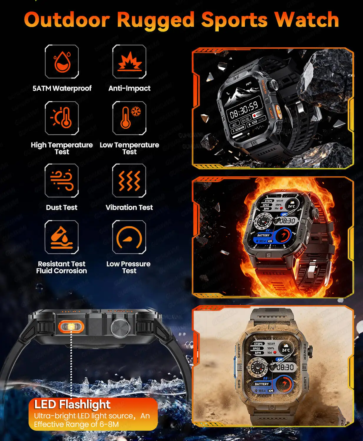 

2026 New Military Outdoor Smart Watch Men's GPS Flashlight Bluetooth Call 2.01" AMOLED Screen 5ATM Waterproof Sports Smartwatchs