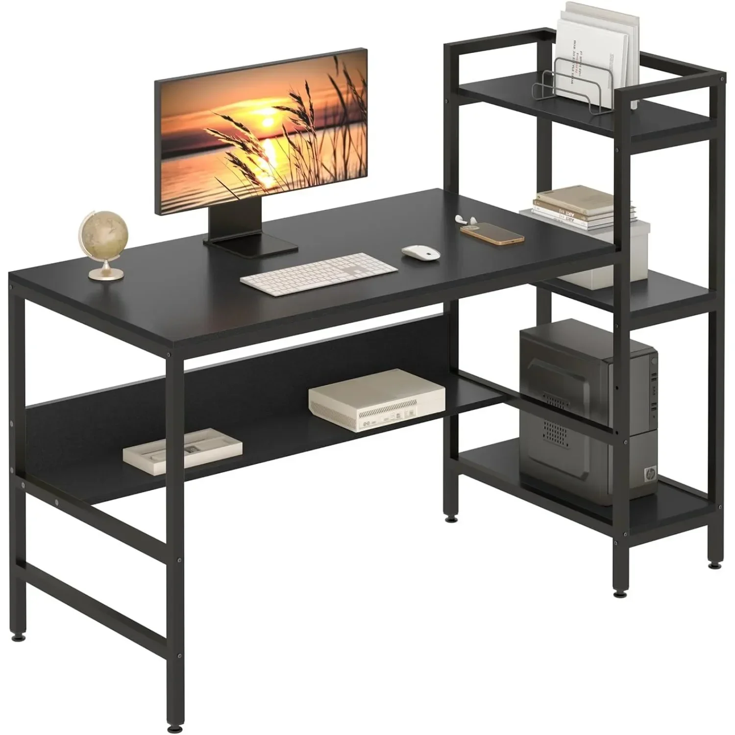 Computer Desk with 4 Tier Storage Shelves - 41.7 Inch Student Study Table with Bookshelf Modern Wood Desk with Steel Frame