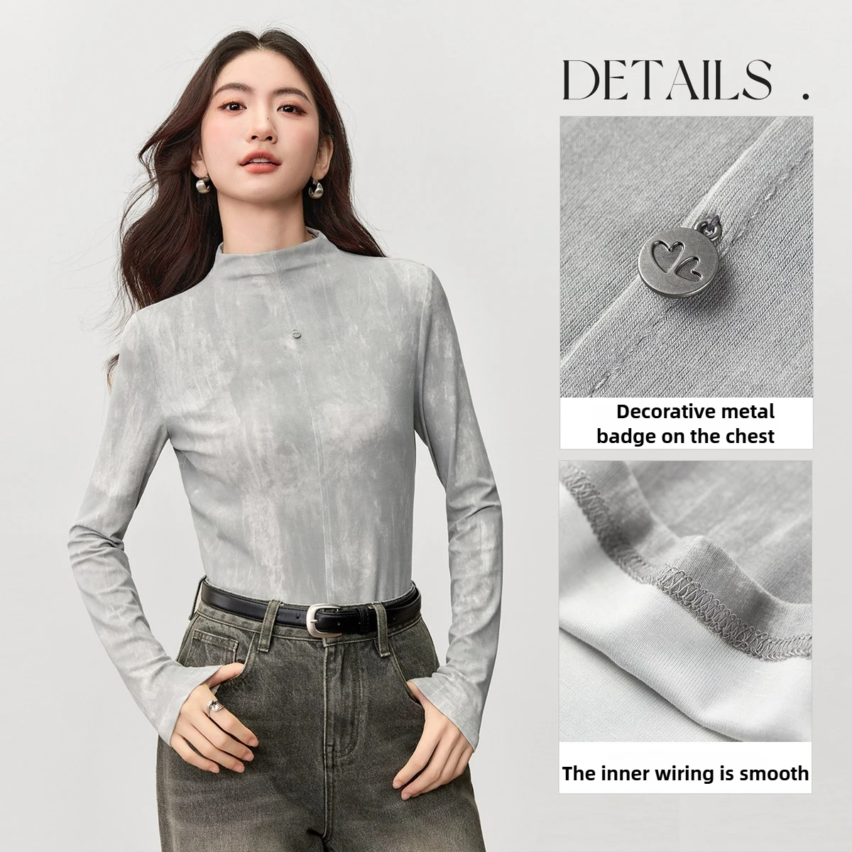 SENTUBILA Women H‑Shape Knit Top 2026 Autumn Basic Tie‑dye Print Mock Neck Slim Fitted Stretchy Layering Undershirt 153SG2851