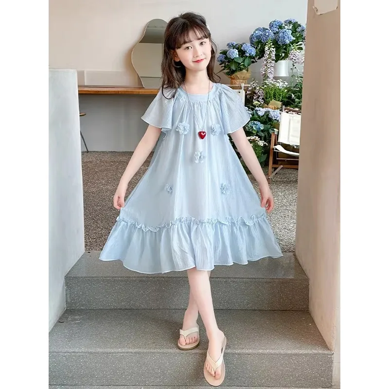 2026 Summer slip fairy ultrathin FLOWER kid splicing party mesh princess Girls Mid Long lace Teenager dress 4 8 10 12 14 Years