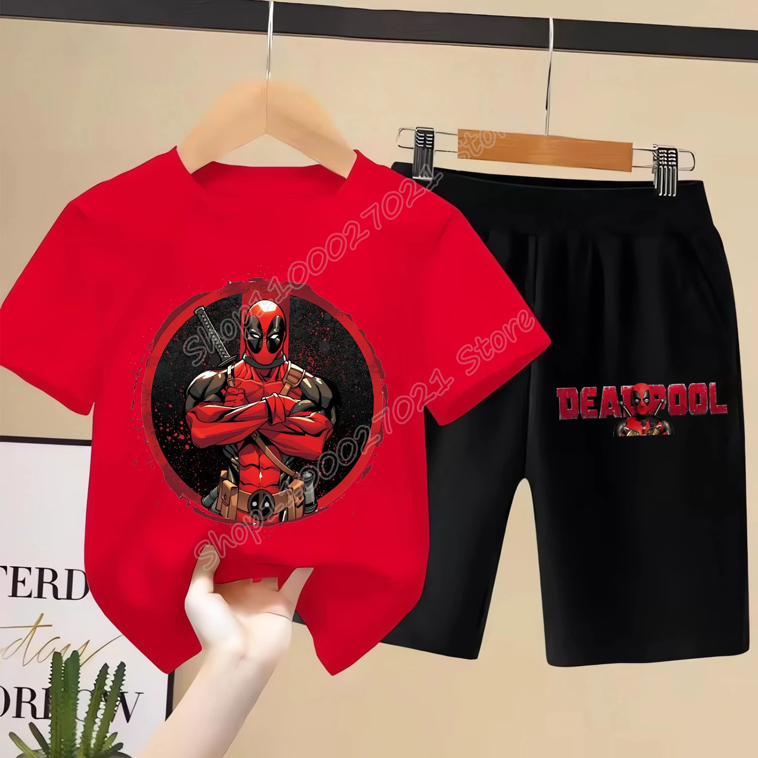 Marvels Deadpool & Wolverine T-shirt Suit Children Summer Tops+shorts 2pcs Pants Set Cartoon Anime Pajamas Kid Home Wear Clothes