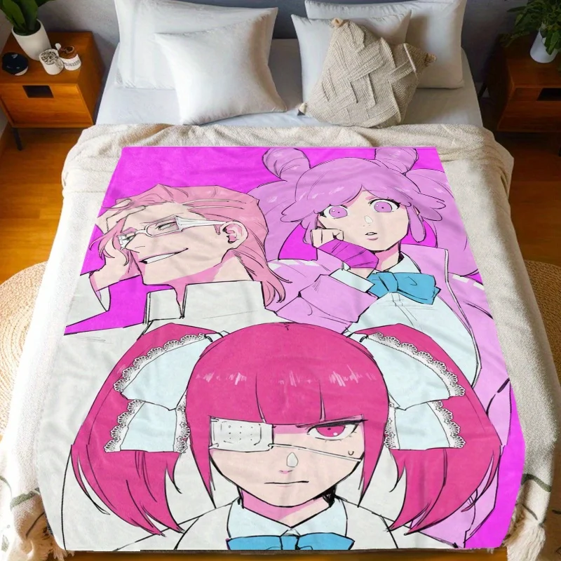 Anime Character Design Flannel Blanket - Soft Pink & Purple Print, All-Season Lightweight Throw for Sofa, Bed, or Nap - Contemp