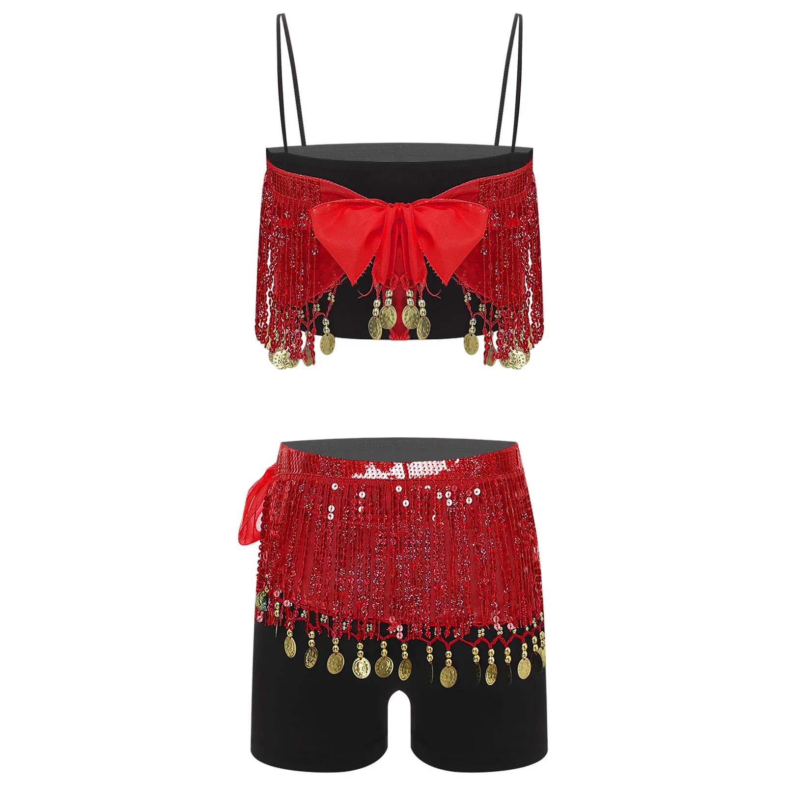 Temperament Women Belly Latin Dancing Wear Camisole Tank Top And Shorts Underwear with Sequins Tassels Cover Top And Skirt Set