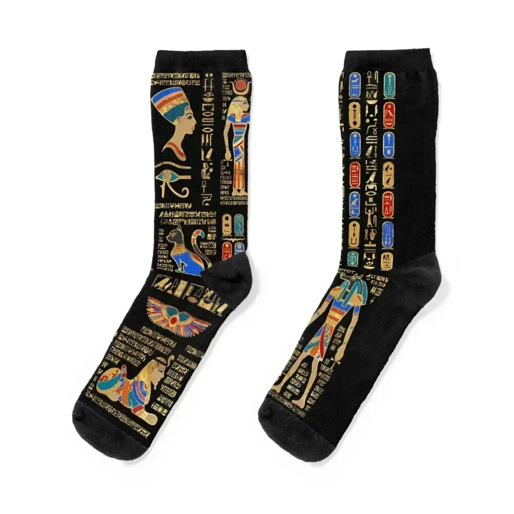 

Egyptian hieroglyphs and deities on black Socks hip hop Running floral Novelties Women Socks Men's