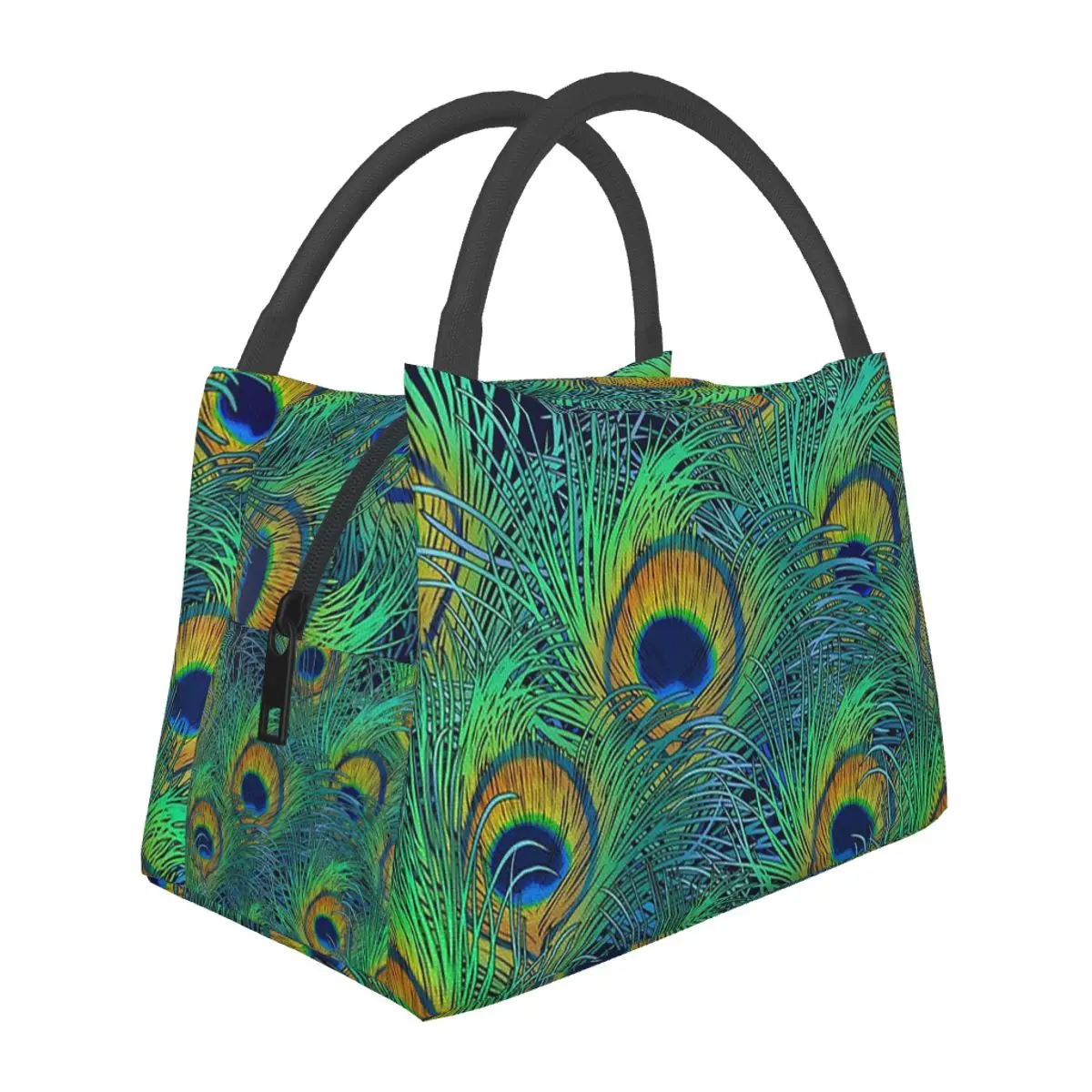 Peacock Feathers Lunch Bags Insulated Bento Box Portable Lunch Tote Picnic Bags Cooler Thermal Bag for Woman Student Travel