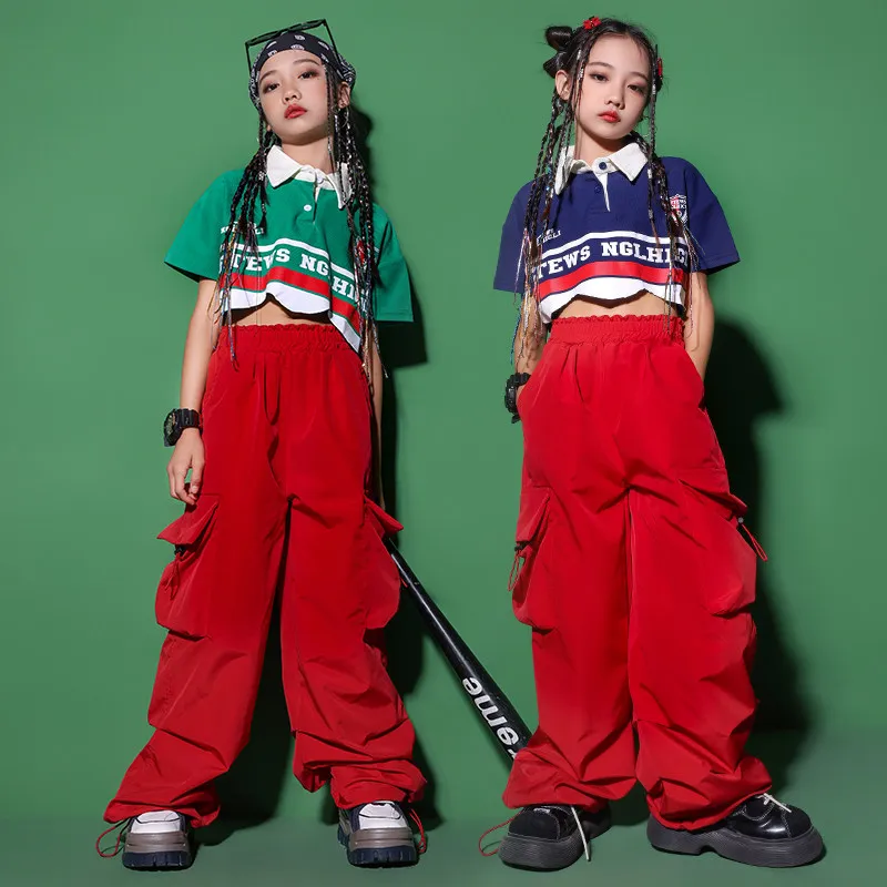 Hip Hop Girls Crop Top Red Cargo Baggy Pants Child Polo Shirt Street Dance Loose Jogger Clothes Set Kids Streetwear Teen T-shirt