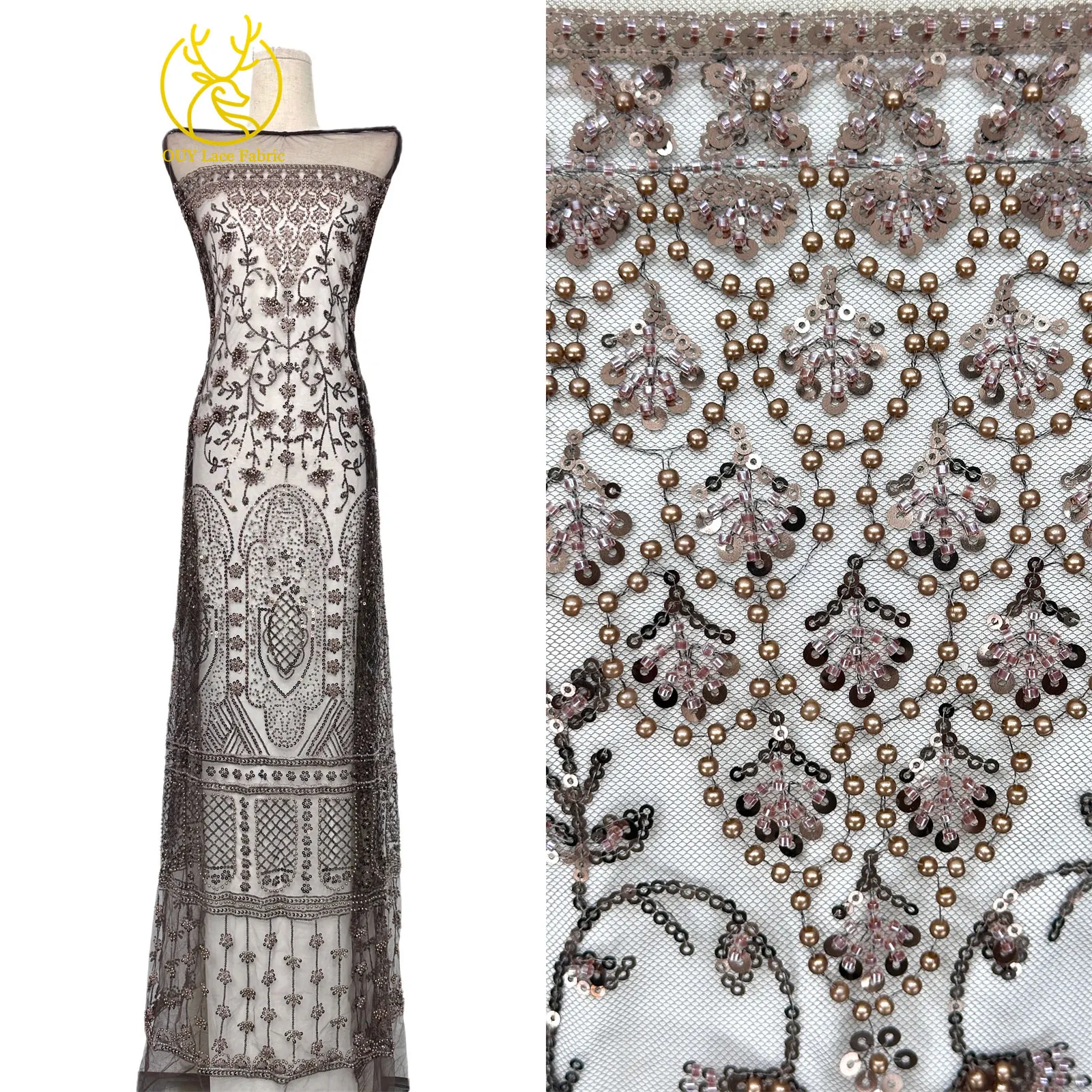 Afrikanischer Perlenstickerei-Spitzenstoff 2026 Hochwertiger Nigerianischer Pailletten-Spitzenstoff Französischer Braut-Hochzeits-Abendkleid-Nähstoff 5Y – Detail 5
