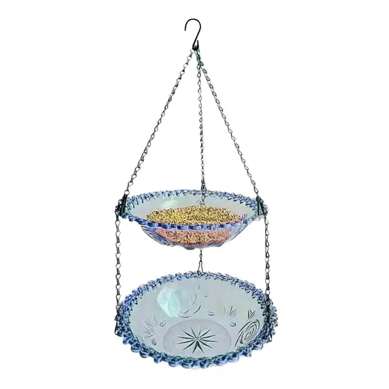 

Garden Bird Bath Double Layers Outdoor Bird Feeder Clear Birdbath Garden Decor Metal Chain Weatherproof Feeding Supplies Eat