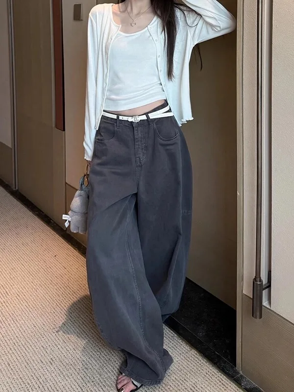 Dames Amerikaanse stijl grijze gebogen mesjeans hoog getailleerde wijde pijpen losse pasvorm afslankende bananenvloerbroek roerbakken ambachtelijke denim