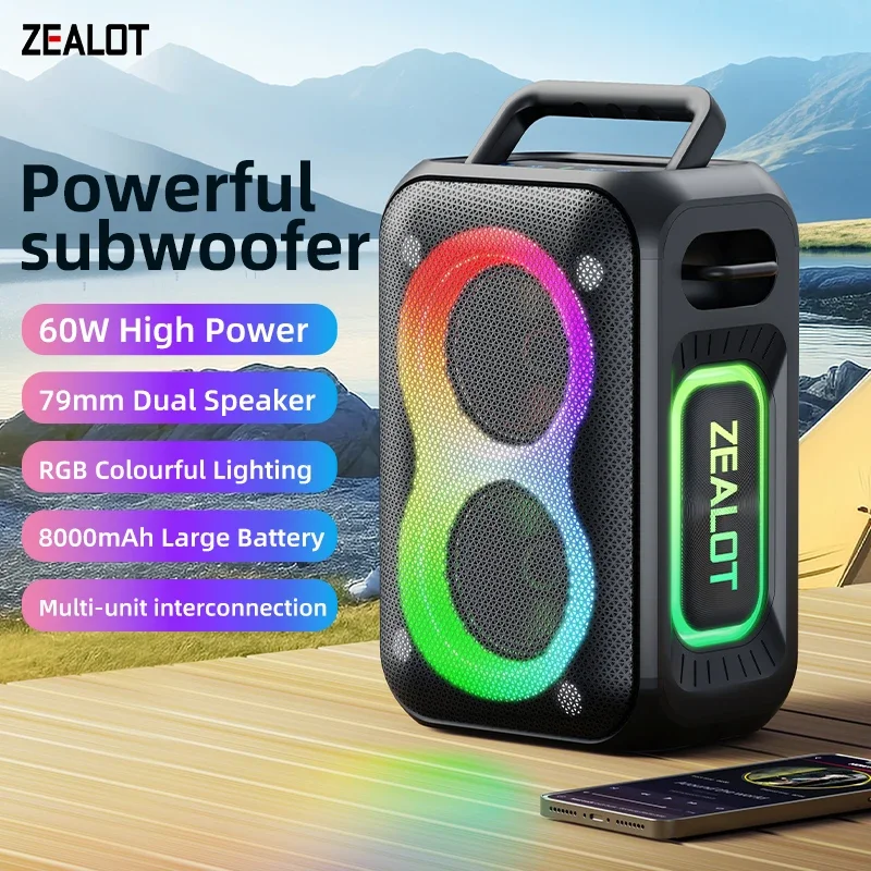 Zealot-PT02 Altoparlante Bluetooth 5.4 Altoparlante esterno portatile da 60 W con IPX6 impermeabile, 12 ore di riproduzione, per escursioni in campeggio