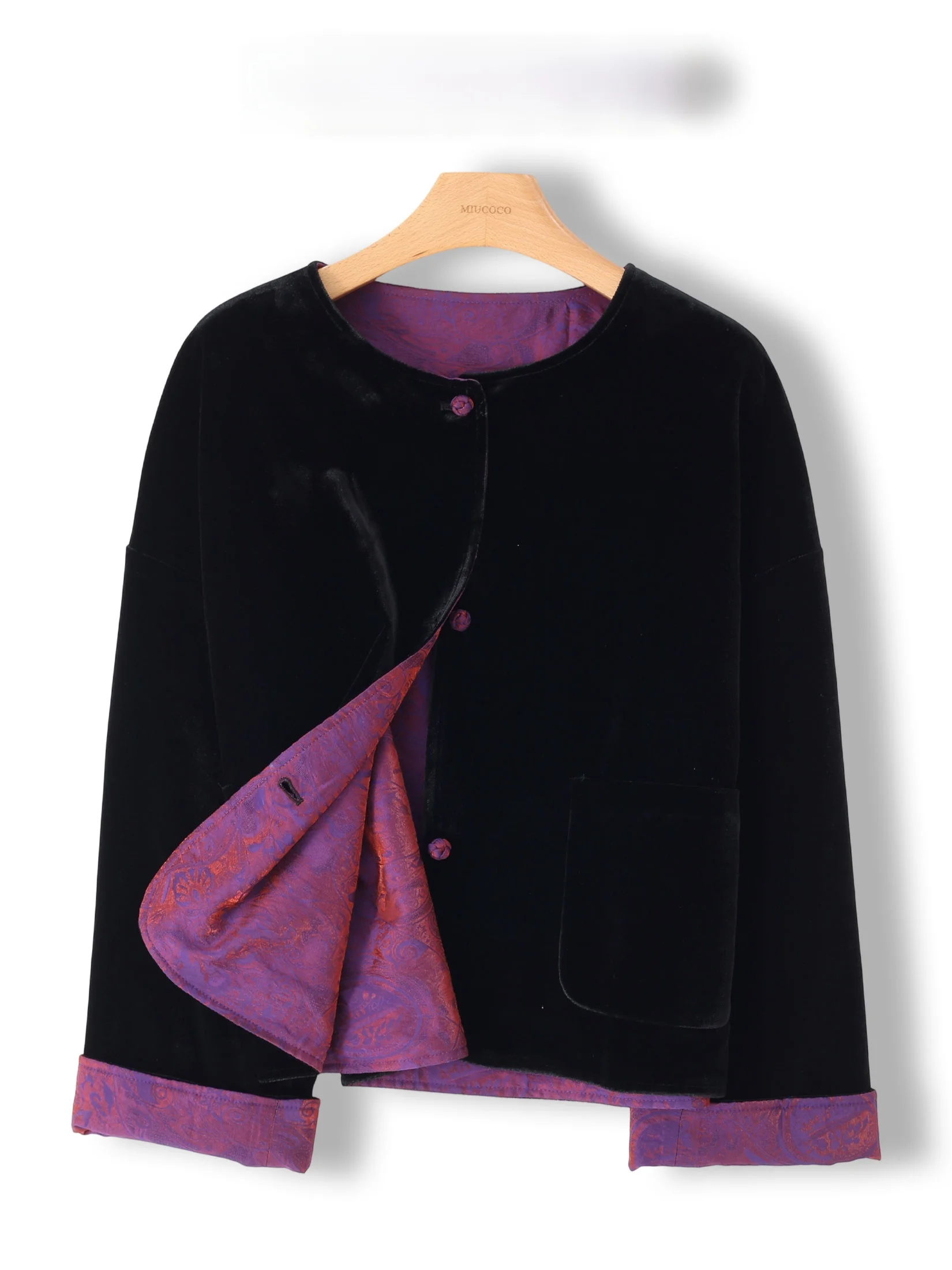 

Elegant Double-Sided Velvet Patchwork Short Jacket Chinese Style Mixed Fabric Fashionable Ladies' Compact Fit round Neck Coat